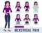 Young girl character holds her stomach and feels menstrual pain. Infographics of menstrual pain treatment in flat style. Methods