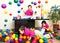 Young girl child having fun playing with colorful plastic balls
