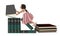 A young girl climbs on oversized books as if it were playground