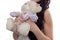 Young girl closeup holds in hands of toy bear