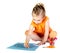 A young girl coloring a rainbow isolated