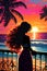 A young girl with curly long hair in a silhouette, at a sunset, with beautiful sea view, palm tree, vintage touch