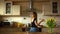 Young girl dancing in the kitchen Durham in the hands of a sweet pepper. Diet concept