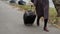 Young girl in demi-season coat walk along sidewalk and carries suitcase on wheel