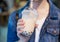 Young girl in denim jacket is drinking brown sugar flavored tapioca pearl bubble milk tea with glass straw in night market of