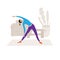 Young girl doing yoga at home. Vector illustration about modern lifestyle. Cartoon physical exercise scene in apartment