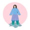 Young girl dressed for a walk in the rain. A woman in a raincoat and rubber boots. Abstract illustration in flat style isolated on