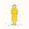 A young girl dressed in a yellow raincoat and hat stands with her hands in her pocket. A woman stands in the rain.