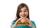 Young girl eating big sandwich