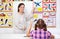 Young girl in elementary science class raising hand