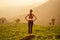 Young girl enjoying a good morning in tea plantations in India Munnar Kerala