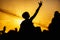 Young girl enjoys a rock concert, Silhouette on sunset