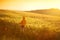 Young girl exploring fields and farmlands on a sunset. Summer rural landscape of hills, curved roads and cypresses of Tuscany,