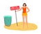 Young girl fixing attention sign about keaping beach clean vector illustration