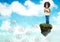 Young Girl on floating rock platform in sky holding phone with cog graphic clouds