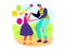 A young girl in a floral dress celebrates with balloons, father and daughter dance at party. Festive family event with
