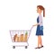 Young girl with food goods in supermarket storage hand shopping cart.