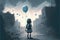 A young girl with a gas mask clutches a balloon in a post-apocalyptic city. illustration painting