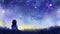 Young girl gazing at a dreamy twilight sky sprinkled with bright stars and light