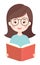 Young girl with glasses smiling and reading a red book. Cheerful child enjoys a book. Education and learning concept