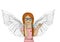 Young girl with glasses thinking. Angel with beautiful wings.