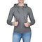 Young girl in gray sweatshirt shows thumbs up, hoodies. white background