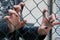 Young girl hands through green steel net