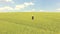 Young girl happily walking in through a field of wheat.