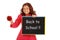 Young girl happy back to school with chalk board