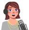 Young girl with headphones singing a song or talking to a microphone vector illustration