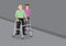 Young Girl Helping Elderly Man with Walker Vector Illustration