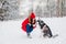 Young girl with her husky dog in winter park. Domestic pet. Husky