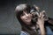 Young girl with her Yorkie puppy