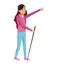 Young girl hiking backpack with walking stick