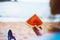 Young girl hipster relax on beach coast and holds in her hand a slice of red fresh fruit watermelon on blue sea background