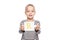 Young girl holding a card with letter R. Speech therapy concept on white background. Correct pronounciation and articulation.