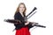 Young girl holds woodwind instruments in studio