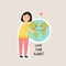 Young girl hugging smiling Earth planet. Love you planet concept