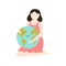 Young girl hugging smiling Earth planet. Love you planet concept
