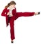 Young girl kicks, on white background