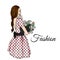 Young girl with long hair in a beautiful short dress. A bouquet of tulips. Vector illustration. Clothing, accessories, fashion.