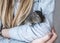 Young girl with long hair and dressed blue shirt is playing with small animal common degu squirrel. Close-up portrait of the cute