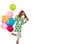 Young girl with long hair in a green tunic with a star with balloons posing on a white background