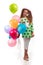 Young girl with long hair in a green tunic with a star with balloons posing on a white background