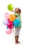 Young girl with long hair in a green tunic with a star with balloons posing on a white background