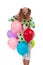 Young girl with long hair in a green tunic with a star with balloons posing on a white background