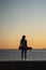 Young girl with longboard enjoy sunset at seaside. Stylish trendy female skateboarder silhouette