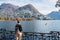 Young girl looking at the panoramic scenery. Lugano, Switzerland