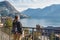 Young girl looking at the panoramic scenery. Lugano, Switzerland