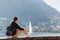 Young girl looking at the panoramic scenery. Lugano, Switzerland